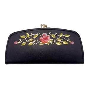 Vintage 1960s Handpainted Floral Motif Snap Clasp Tri-Fold Wallet